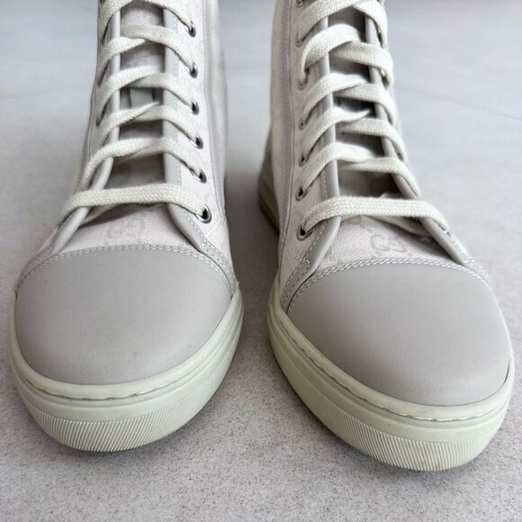 Gucci High Top GG Monogram Sneakers White Canvas Leather Toe Tennis EU 38 US 8 - Picture 4 of 10